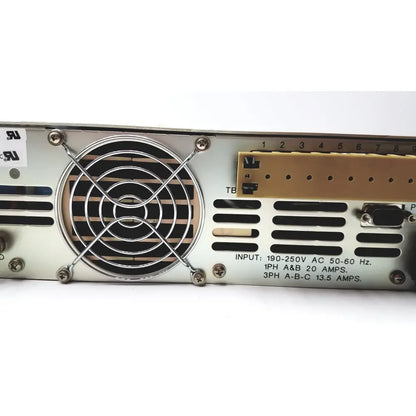 Silver metal ems power supply unit with circular fan grille and labeled input specifications for electronic measurements ems