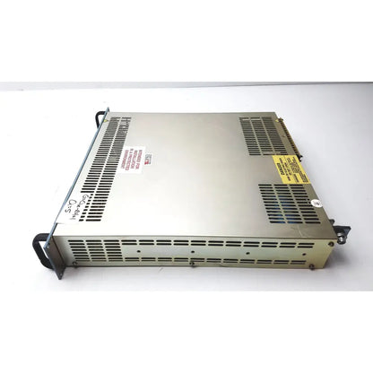 Silver metallic electronic measurements ems power supply with ventilation grilles and warning labels showing the back side