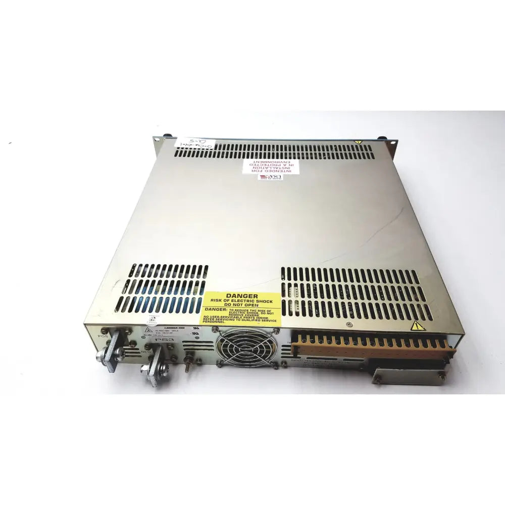 Silver metallic industrial ems power supply with ventilation grilles and warning labels for electronic measurements ems