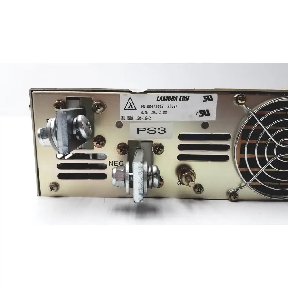Metallic silver electronic measurements ems power supply unit with ventilation slots and cooling fan untested model 00473006 rev n