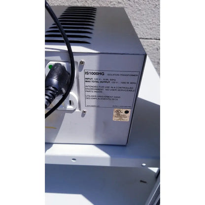Silver metal industrial isolation transformer with ventilation slits and black power cord for ellex eyecubed ultrasound biomicroscopy system