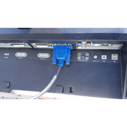 Blue plastic dvi-d connector plugged into the back of ellex eyecubed ultrasound biomicroscopy system device