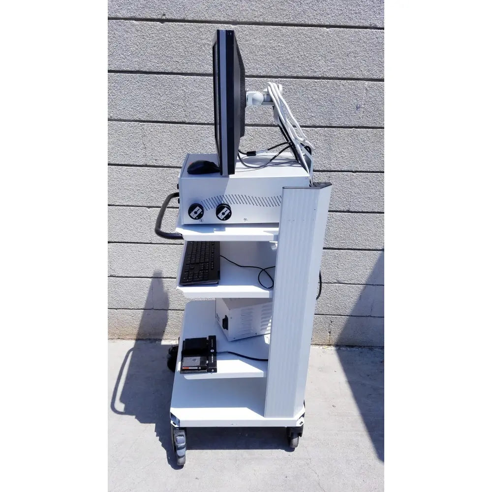 White medical cart with mounted monitor keyboard and equipment for ellex eyecubed ultrasound biomicroscopy system as is