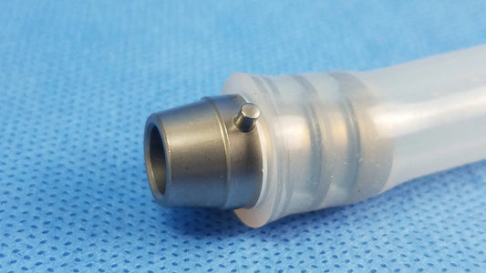 Ellik evacuator adapter with clear plastic tube and metallic silver connector compatible with endoscopic systems