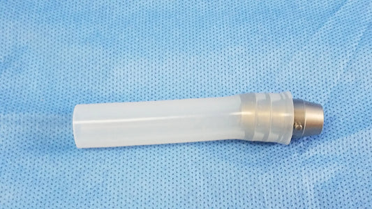 Ellik evacuator adapter with tube featuring a translucent white body and metallic gold tip for compatible endoscopic systems