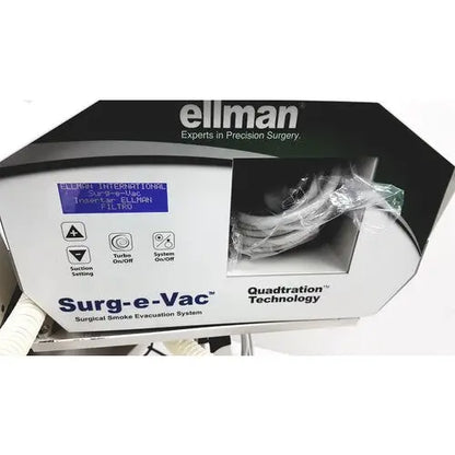 Ellman surg-e-vac surgical smoke evacuation system with white black control panel digital display and coiled tubing for smoke evacuation