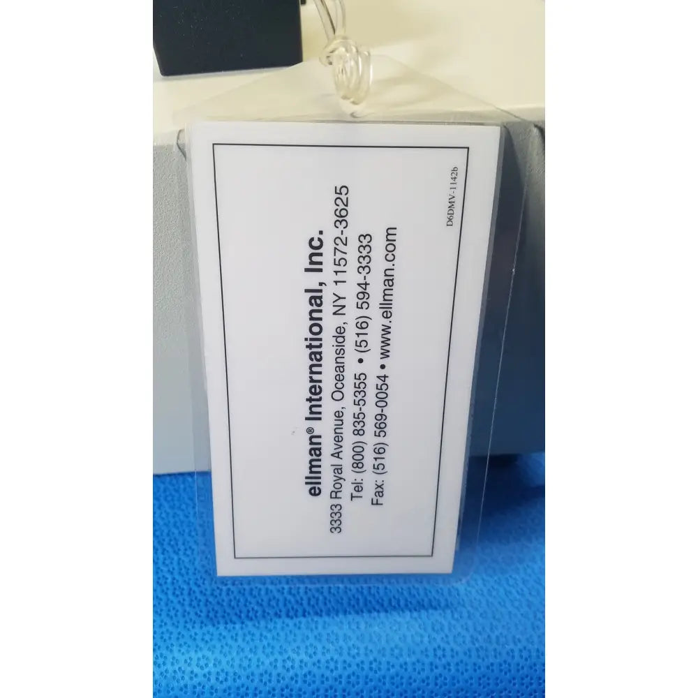 White rectangular business card with black text for ellman international inc featuring ellman surgitron emc electrosurgical unit