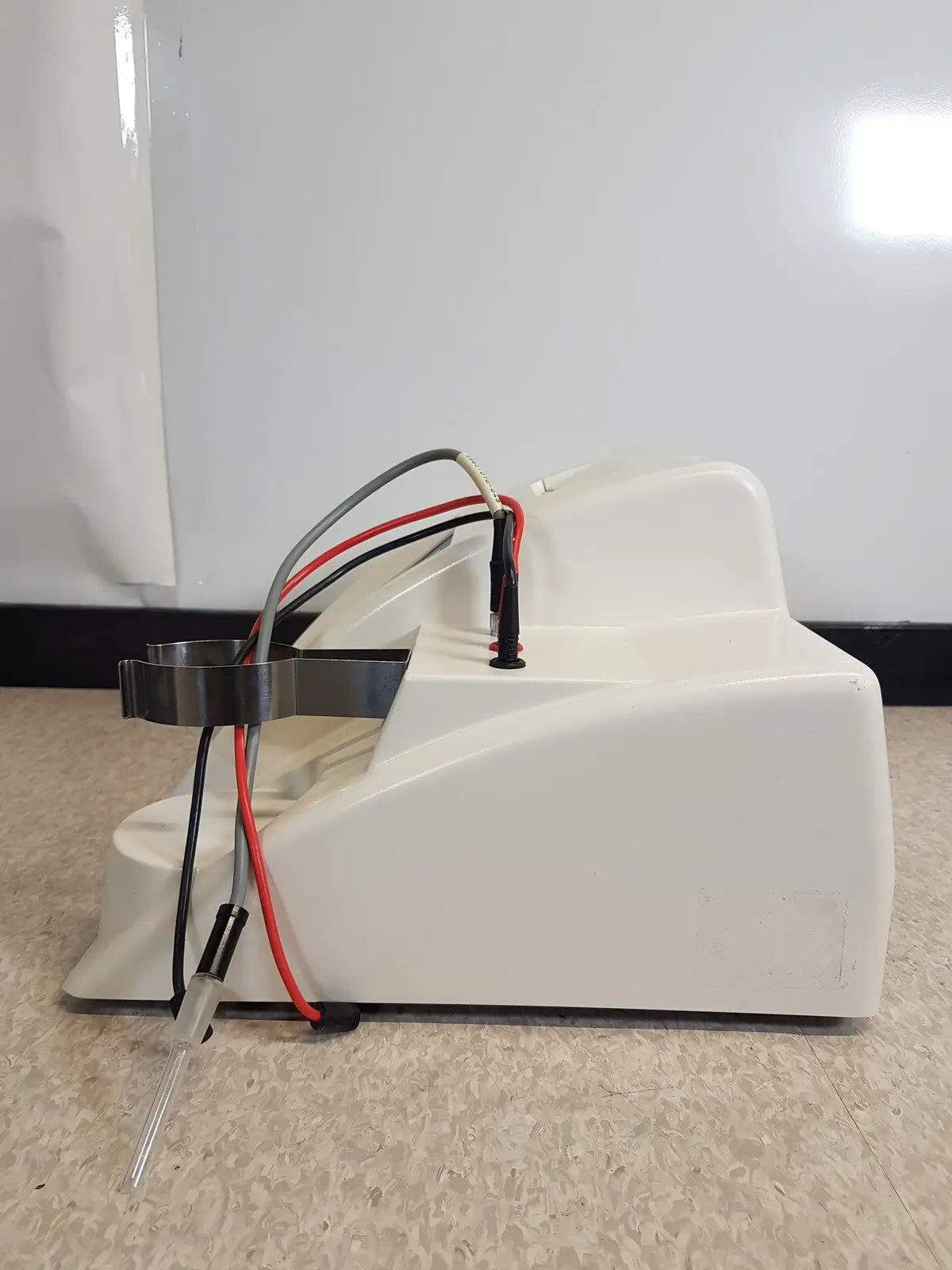 White plastic science hiranuma aquastar c3000 coulometric titrator with metal clamp and clear tubing attachments