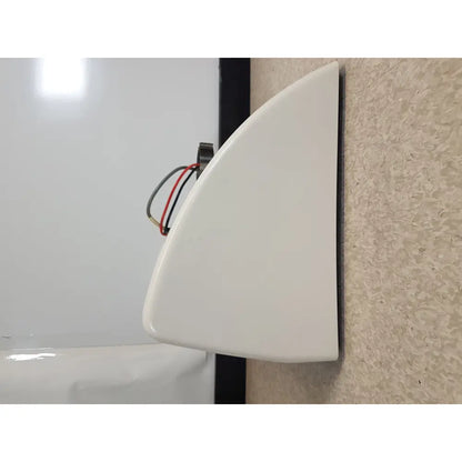 White curved wall-mounted speaker with visible wiring at back shown alongside science hiranuma aquastar c3000 coulometric titrator