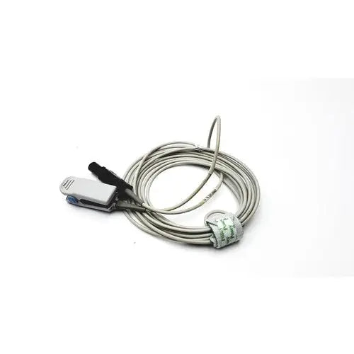 Silver coiled cable with black and gray clip attachments and a green label for the best fingertip sensors health journey