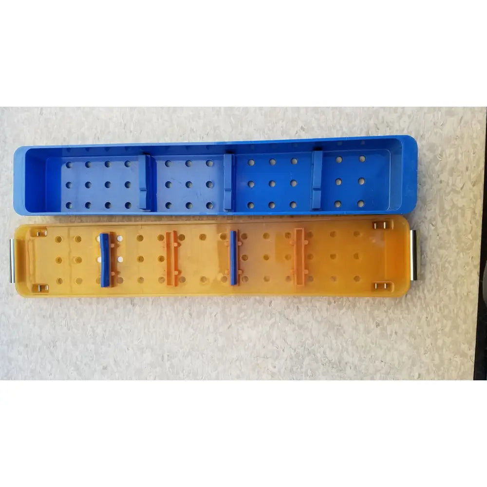 Blue and orange plastic endoscope sterilization case tray with perforated surfaces and molded compartments for secure storage
