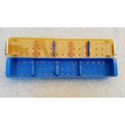 Blue and yellow plastic perforated sterilization case tray for endoscope sterilization case use