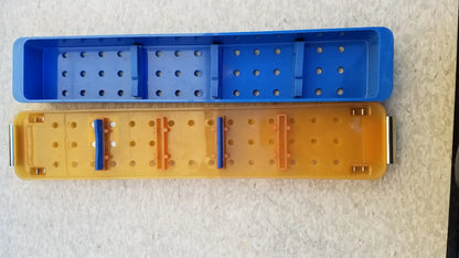 Blue and orange plastic endoscope sterilization case tray with perforated surfaces and molded compartments for secure storage