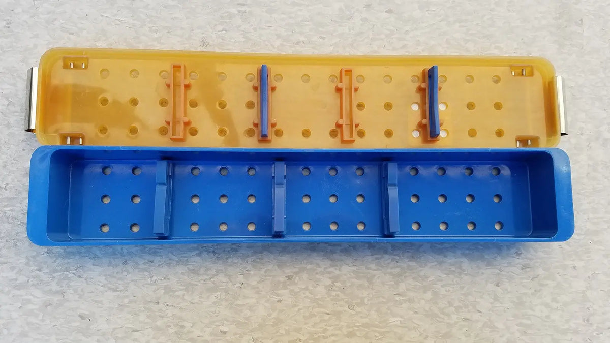 Blue and yellow plastic perforated sterilization case tray for endoscope sterilization case use