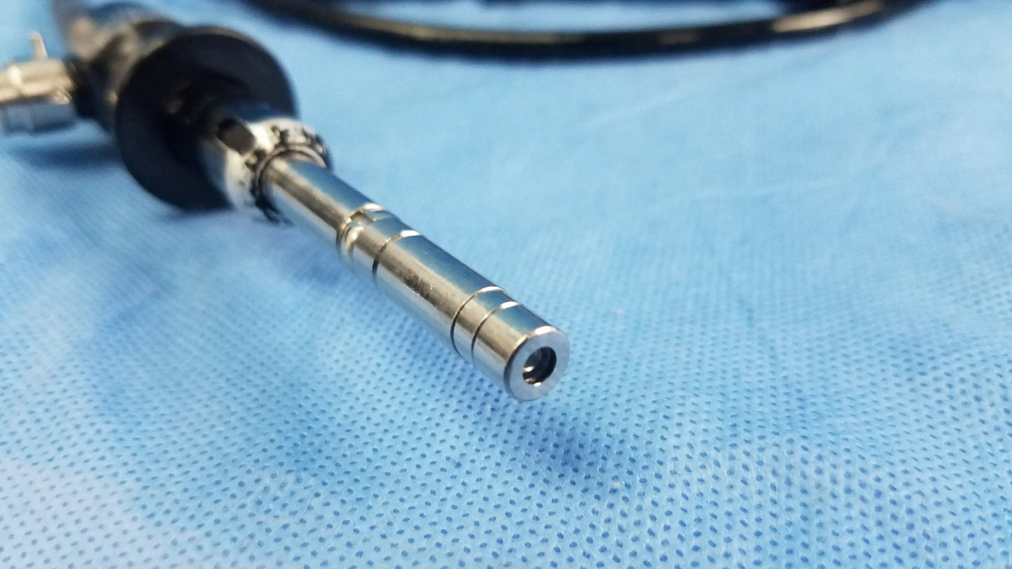 Silver metallic enf-p4 fiber optic endoscope with sleek cylindrical design and black grip for rhino-laryngoscope use