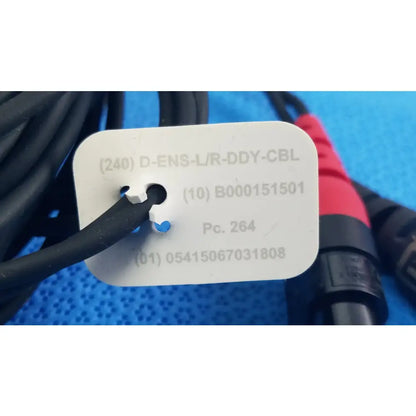White rectangular label with black text attached to black cables of Ensite X EP D-ENS-L/R-DDY-CBL catheter connector cable for medical equipment