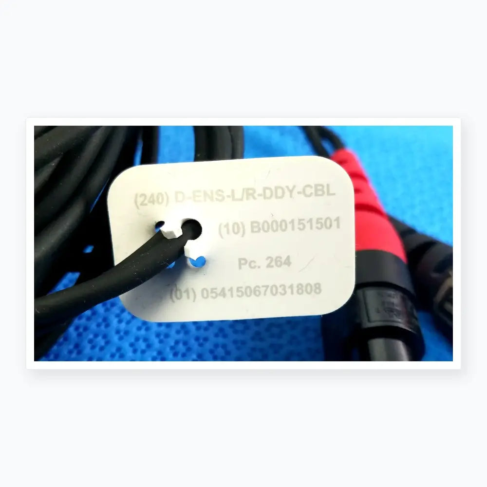 White rectangular label with black text attached to black cables of Ensite X EP D-ENS-L/R-DDY-CBL catheter connector cable for medical equipment