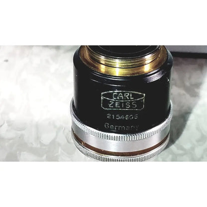 Black and silver carl zeiss microscope objective lens with gold mounting ring marked 2154606 germany for eppendorf centrifuge reuse medical