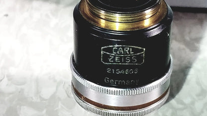 Black and silver carl zeiss microscope objective lens with gold mounting ring marked 2154606 germany for eppendorf centrifuge reuse medical
