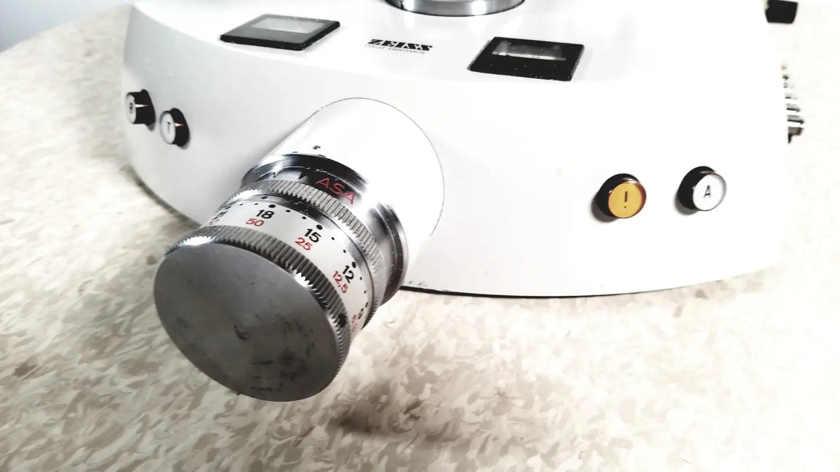 White zeiss camera lens with silver metallic ring and engraved markings compatible with reuse medical eppendorf centriifuge 5415 r