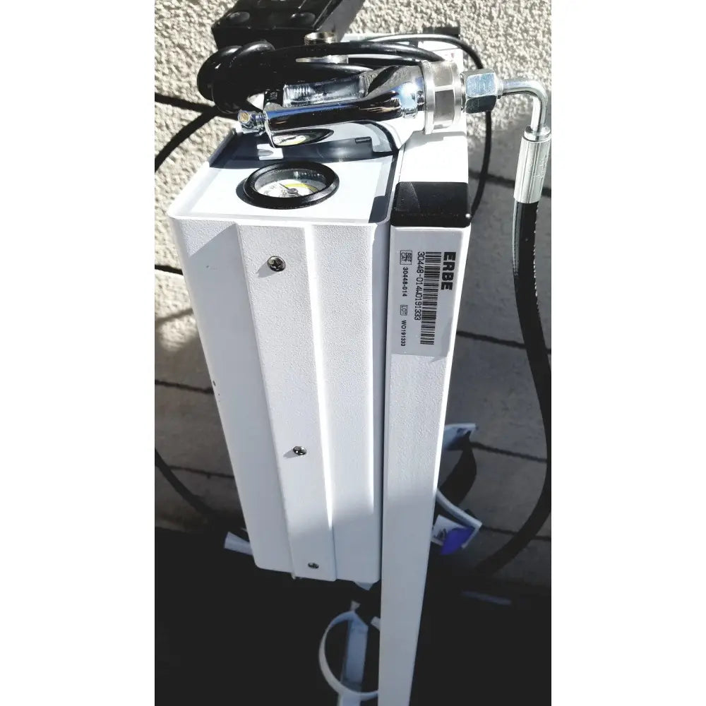 White erbe erbokryo cryosurgical unit with chrome fittings and black hoses including foot pedal for medical use