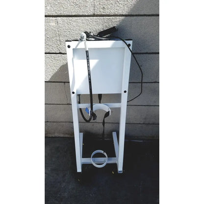 White metal stand with black cables and circular base component of erbe erbokryo cryosurgical unit 30448-014 with foot pedal
