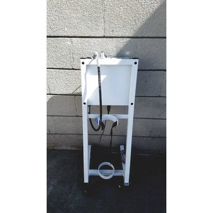 White metal toilet tank mounting bracket with black hoses and white pipe shown on the back side of erbe erbokryo cryosurgical unit 30448-014