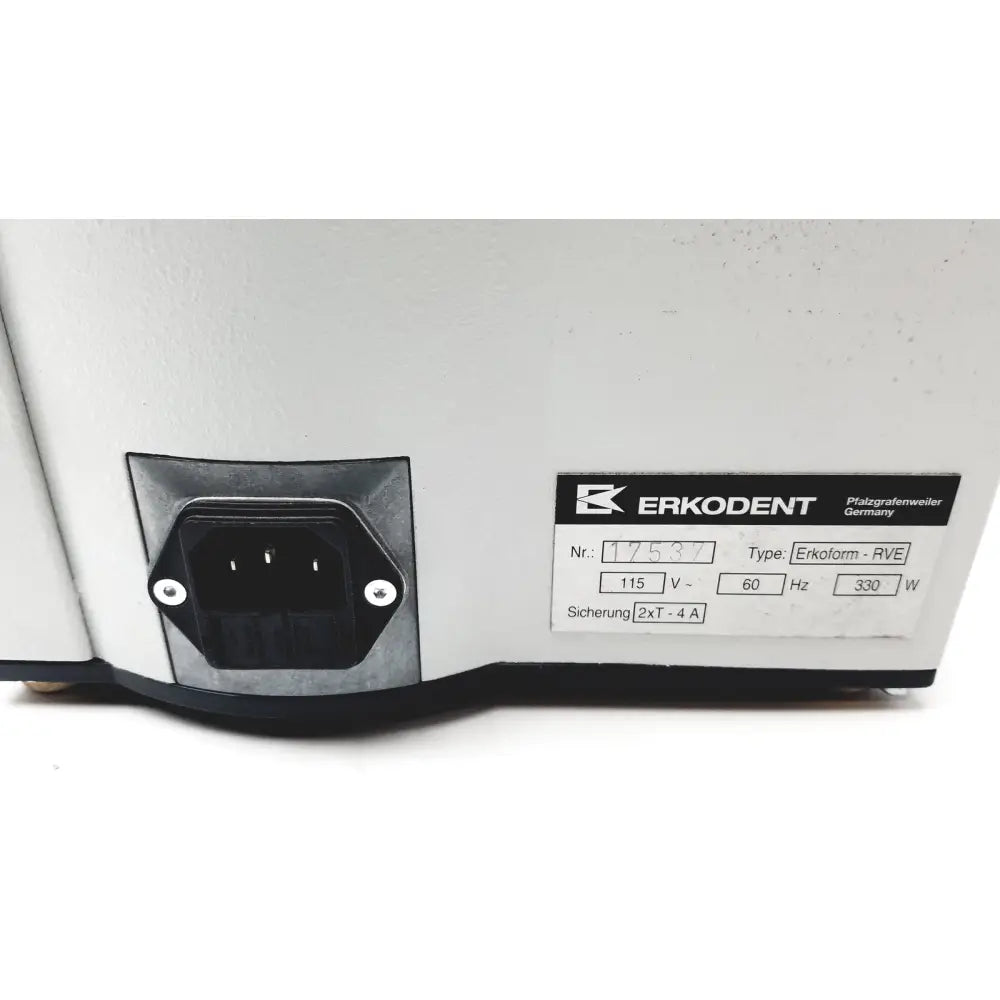 White plastic dental lab thermoforming unit erkodent erkform-rve with black power inlet and silver specification label