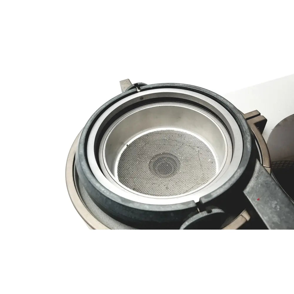 Black rubberized housing with silver mesh filter inside the erkodent erkoform-rve dental lab thermoforming system