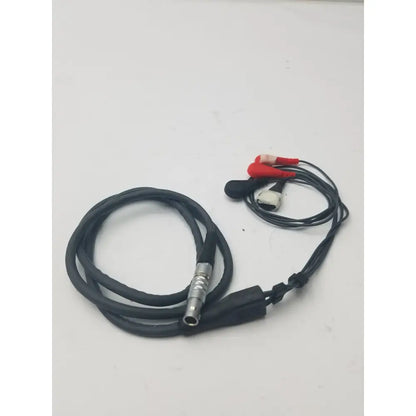 Black coiled lead set cable with metallic connector and red and white alligator clips for ekg ecg use