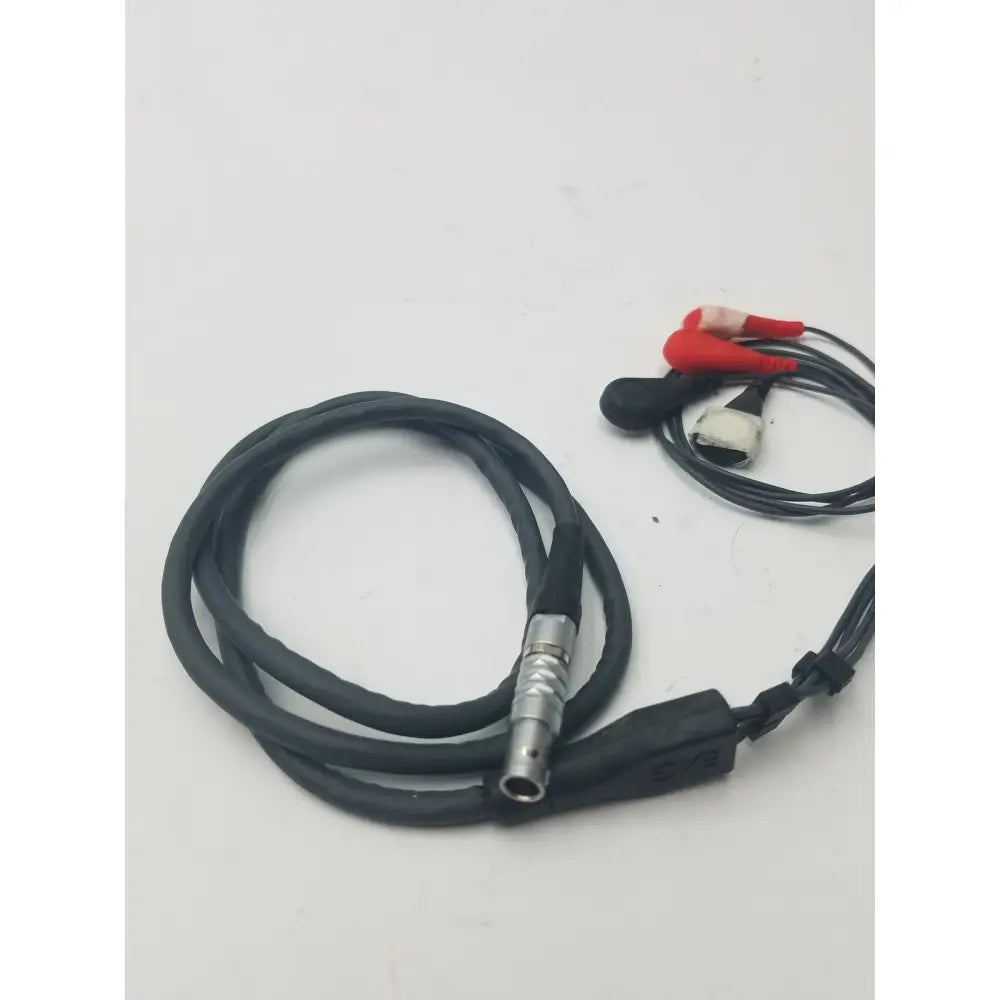 Black coiled EXG 5 lead set cable with metallic connector and red and white alligator clips for EKG ECG use