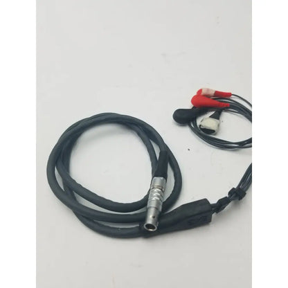 Black coiled EXG 5 lead set cable with metallic connector and red and white alligator clips for EKG ECG use