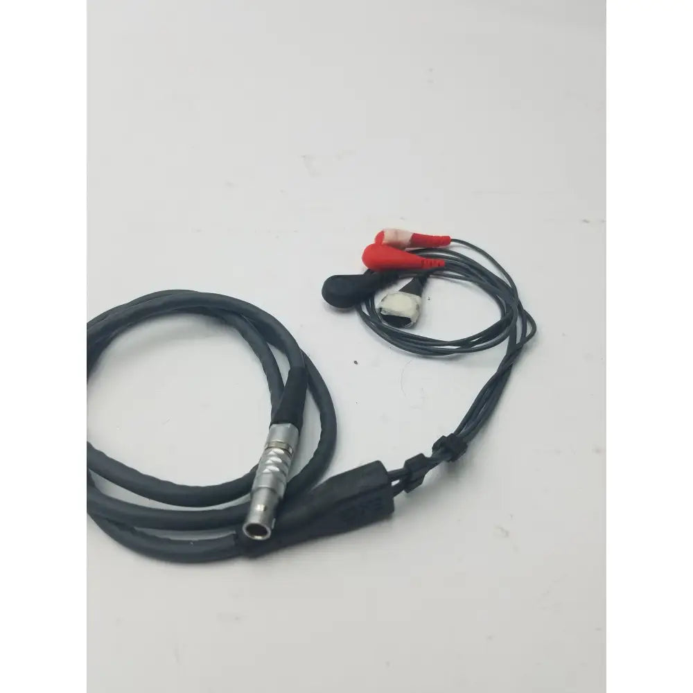 Black coiled lead set cable with metallic connector and red and white alligator clips for ekg ecg use