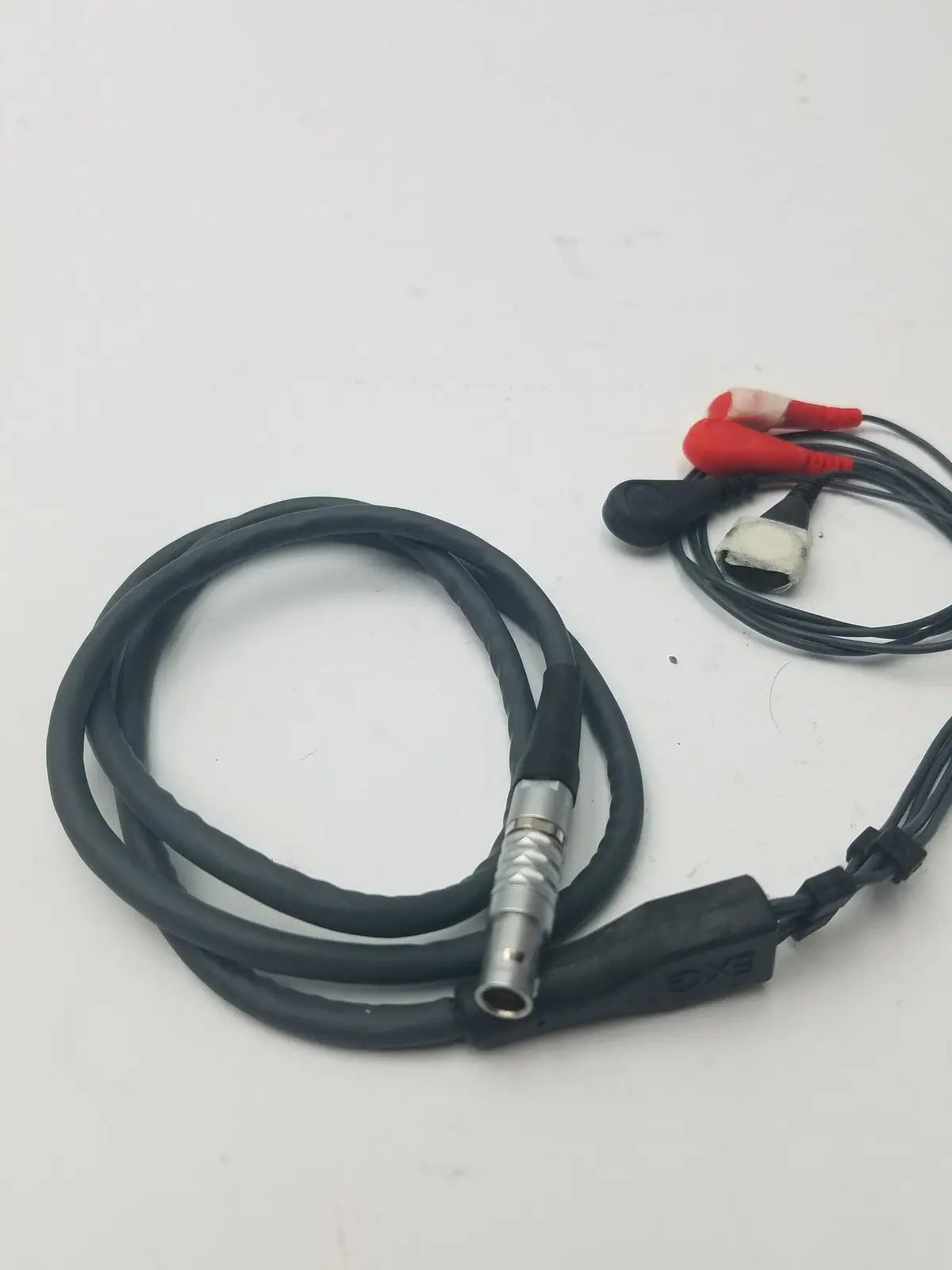 Black coiled EXG 5 lead set cable with metallic connector and red and white alligator clips for EKG ECG use