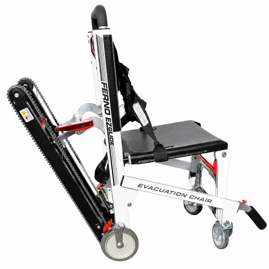 Ferno model 59-T EZ-Glide evacuation stair chair with padded seat, adjustable backrest, red accents, and wheeled base
