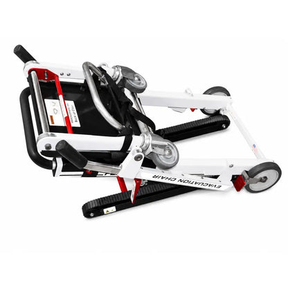Ferno model 59-t ez-glide evacuation stair chair in white and red with black rubber tracks metal frame and 500 lb capacity