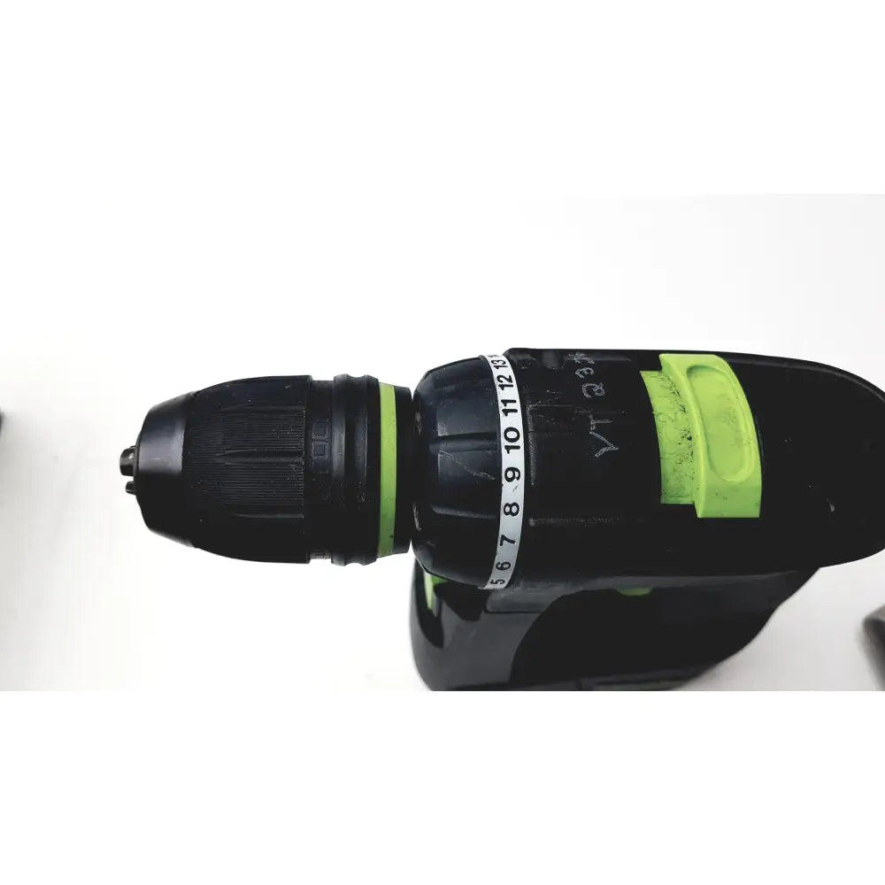 Festool dd-es cordless plus drill in black and lime green with textured grip and numbered chuck size markings