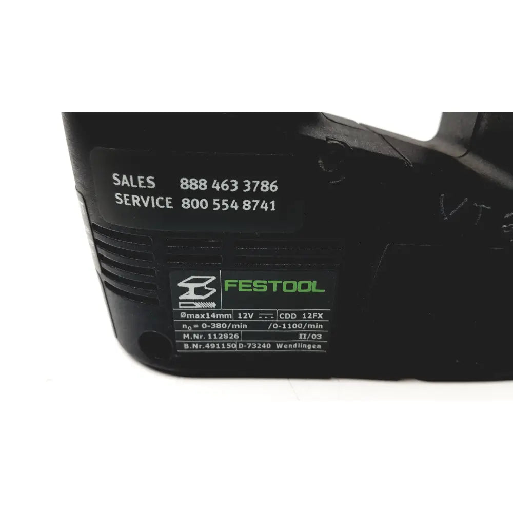 Black festool dd-es cdd12 fx plus drill with green branding and technical specifications label on its backside