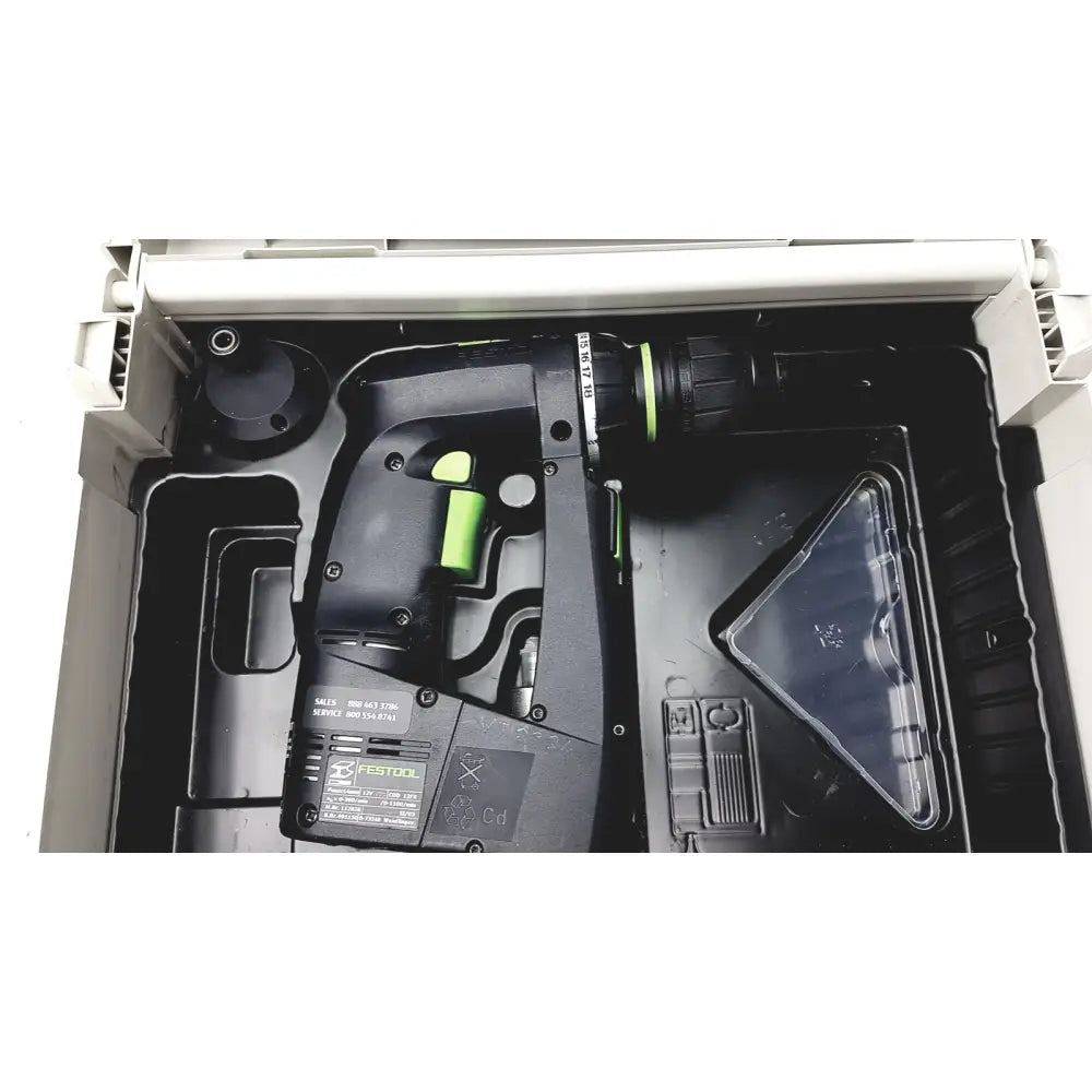 Festool dd-es plus drill in black and green with ergonomic design nestled in branded storage case for efficient use