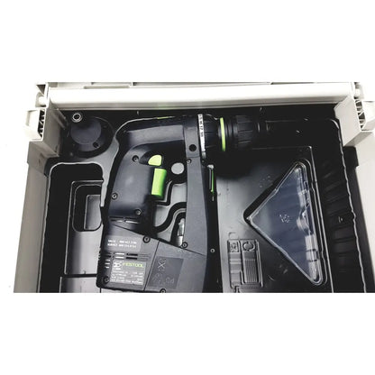 Festool dd-es plus drill in black and green with ergonomic design nestled in branded storage case for efficient use