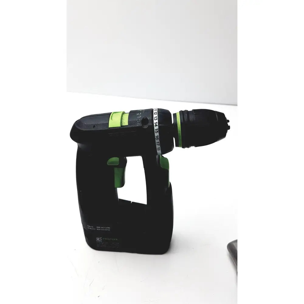 Black and green festool dd-es plus drill with textured grip and keychain style bit holder for versatile use