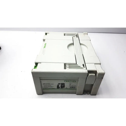 White plastic festool dd-es storage box with molded compartments and green branding for plus drill attachments