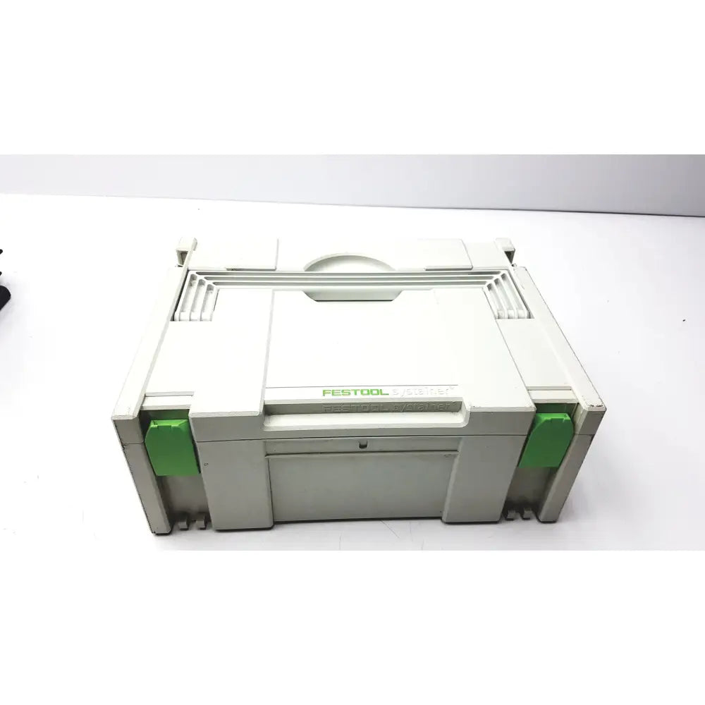 Gray and green festool dd-es plus drill storage box with a sturdy modular design for organization and durability
