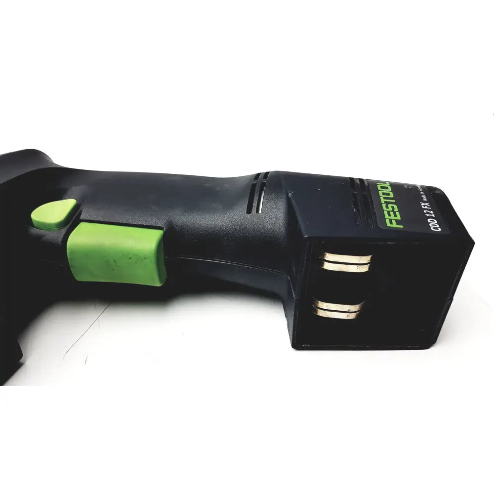 Black and green cordless festool dd-es cdd9 impact driver plus drill with textured grip and festool logo on battery pack