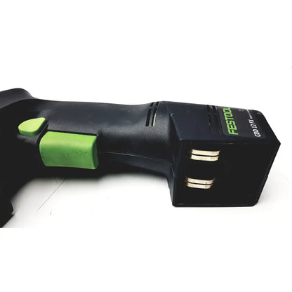 Black and green cordless festool dd-es cdd9 impact driver plus drill with textured grip and festool logo on battery pack