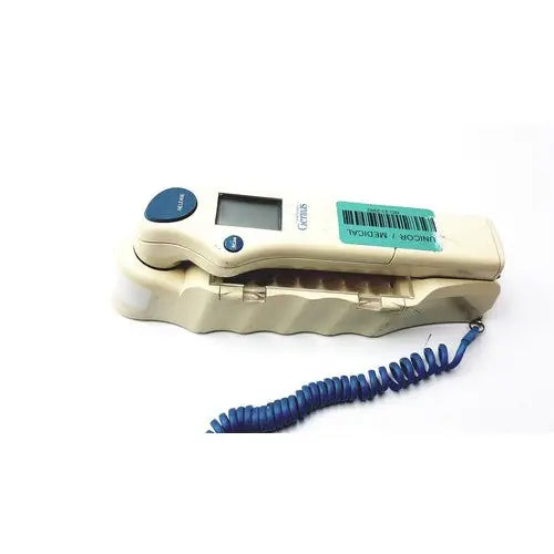 Beige plastic digital thermometer with blue buttons and coiled cord for accurate readings in firsttemp genius calibrator