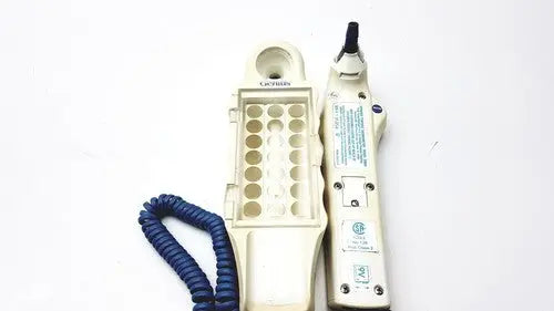 Cream-colored lexicon telephone handset with coiled blue cord and modular jack tool for firsttemp genius calibrator reuse medical use