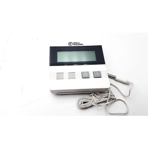 White fisher brand traceable digital thermometer with black display, gray buttons, and attached sensor cable for precise measurement