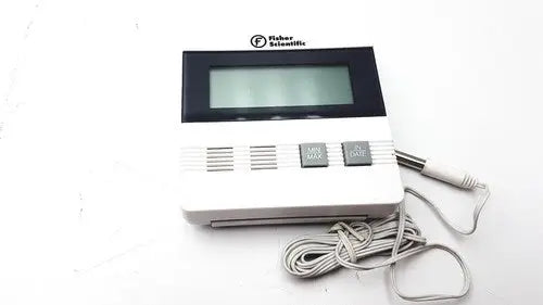White fisher brand traceable digital thermometer with black display, gray buttons, and attached sensor cable for precise measurement