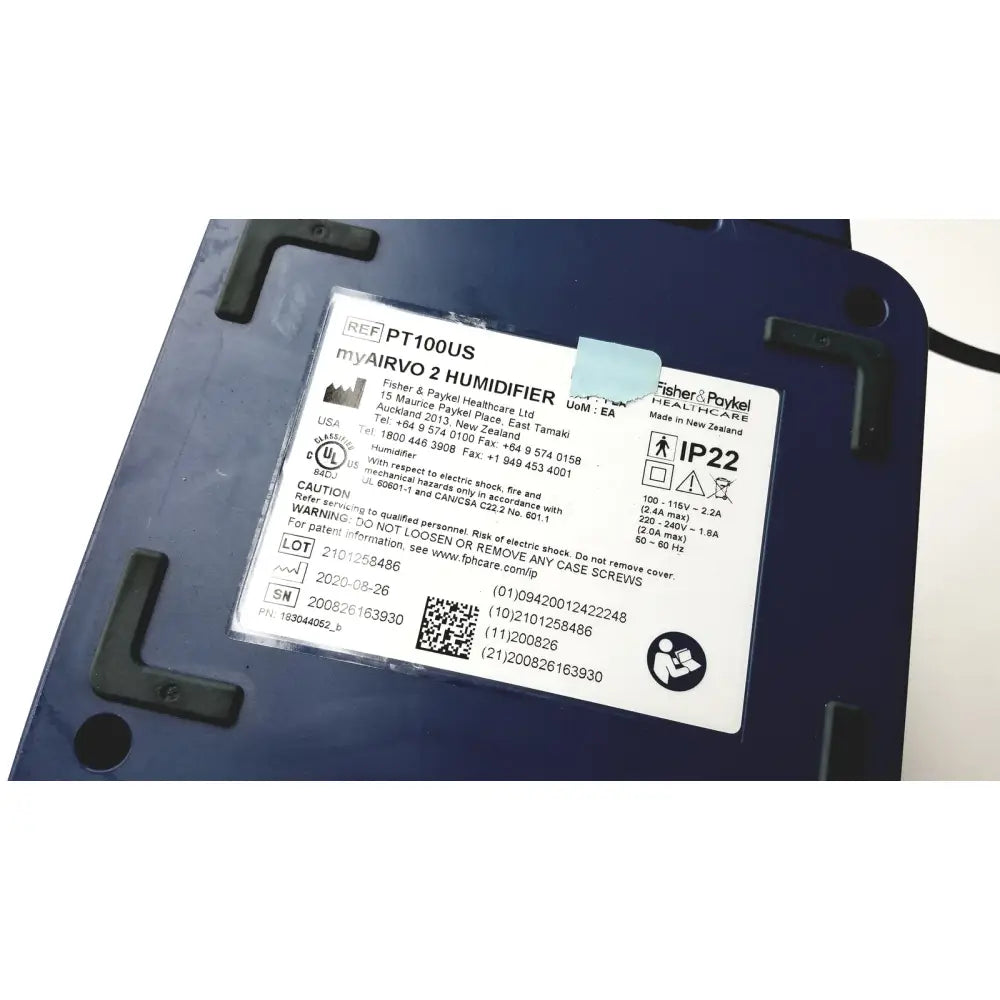 Blue plastic paykel airvo 2 pt100us respiratory humidifier with black mounts and white product label visible